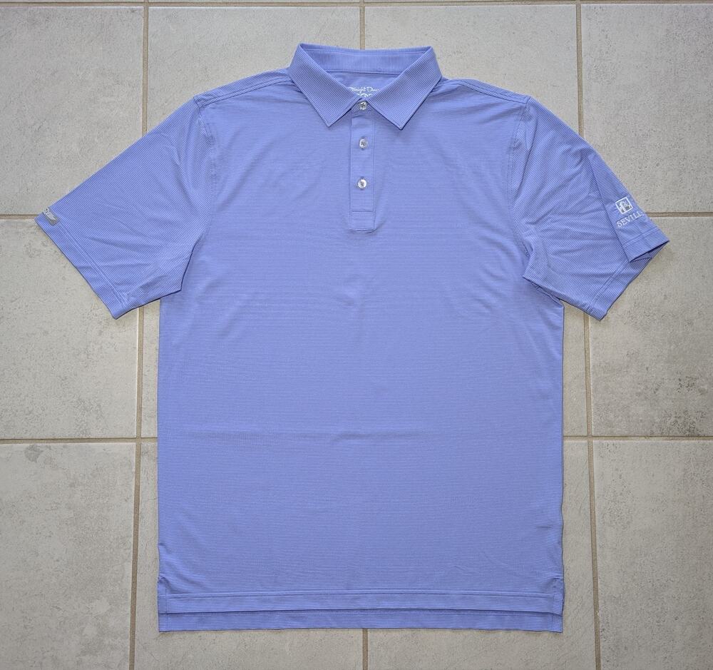 Straight Down Men's Medium Golf Polo Shirt Purple Blue Stripe Seville Logo